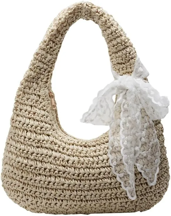 Straw Hobo Handbag with Lace Bow, Summer Beach Shoulder Bag, Beige
