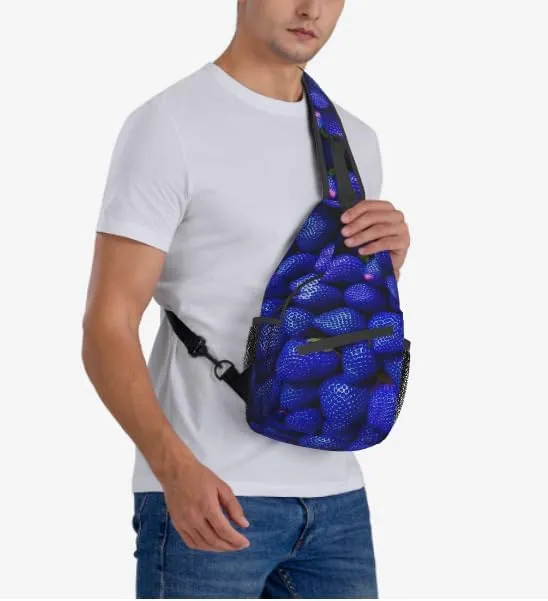 Strawberry blue Sling Backpack Chest Bag Fun Design Cute Sling Bag Positive Crossbody Backpack For Hiking Daypack Chest Bag Travel, Hiking
