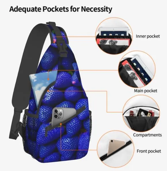 Strawberry blue Sling Backpack Chest Bag Fun Design Cute Sling Bag Positive Crossbody Backpack For Hiking Daypack Chest Bag Travel, Hiking