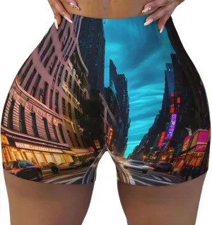 Streets of New York City Print Elastic Summer Comfy Shorts Seamless High-Waisted Contour Yoga Running Daily Wear