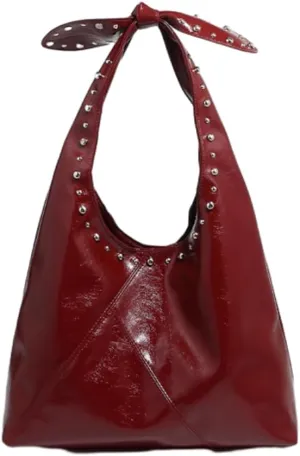 Studded Hobo Purses Women 2025 Spring Trendy 90s Y2k Punk Bowknot Shoulder Bag Soft Leather Underarm Tote Handbag