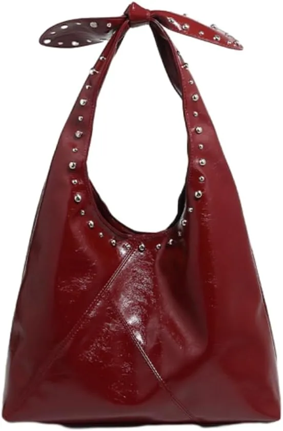 Studded Hobo Purses Women 2025 Spring Trendy 90s Y2k Punk Bowknot Shoulder Bag Soft Leather Underarm Tote Handbag