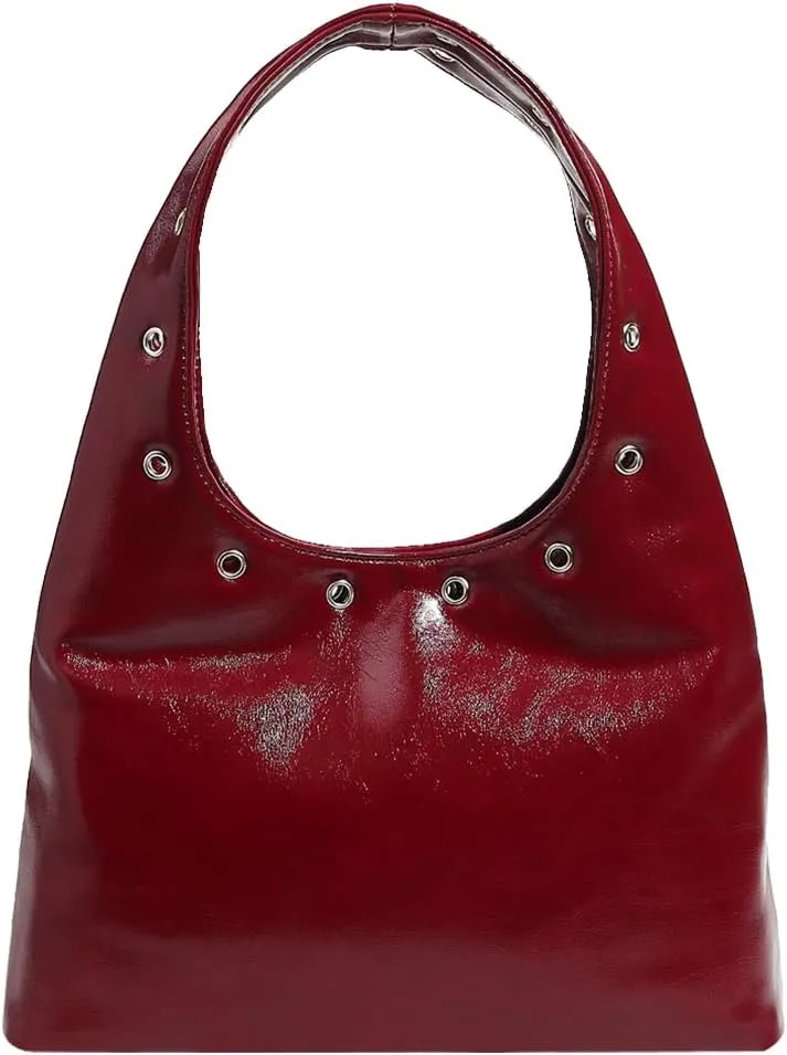 Studded Purse, Leather Shoulder Bag for Women, Red, 9.06x5.51x1.18 inches, Punk Style Hobo Tote Bag