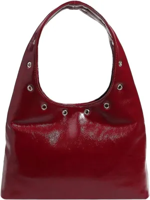 Studded Purse, Leather Shoulder Bag for Women, Red, 9.06x5.51x1.18 inches, Punk Style Hobo Tote Bag