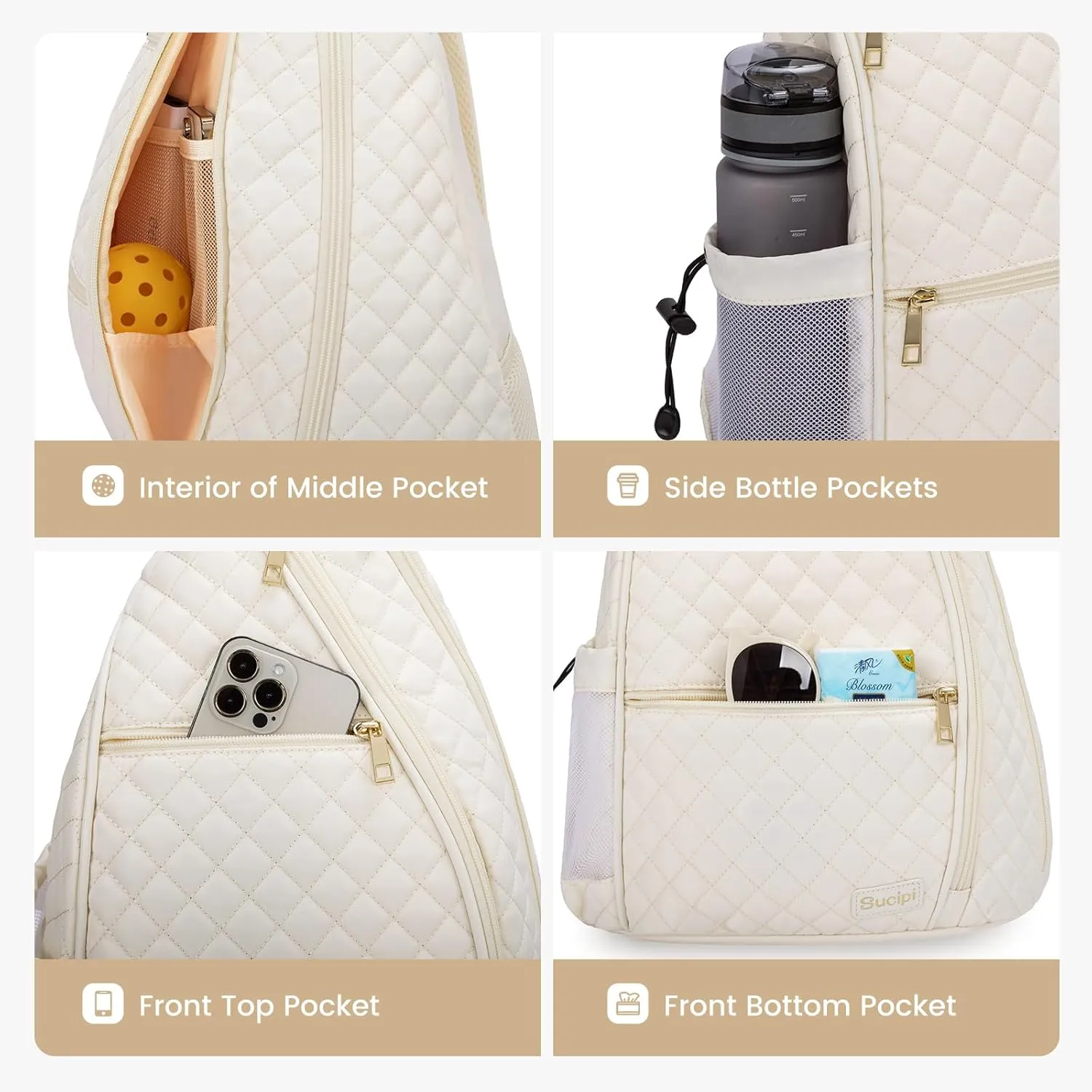Sucipi Women's Pickleball Backpack - Quilted Crossbody Sling Bag for Tennis & Pickleball Paddle