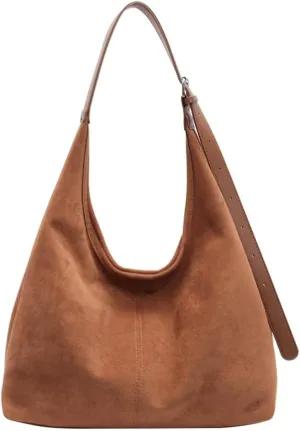 Suede Slouchy Hobo Bag for Women Chocolate Tote Handbag Large Retro Suede Shoulder Purse for Travel Shopping Work