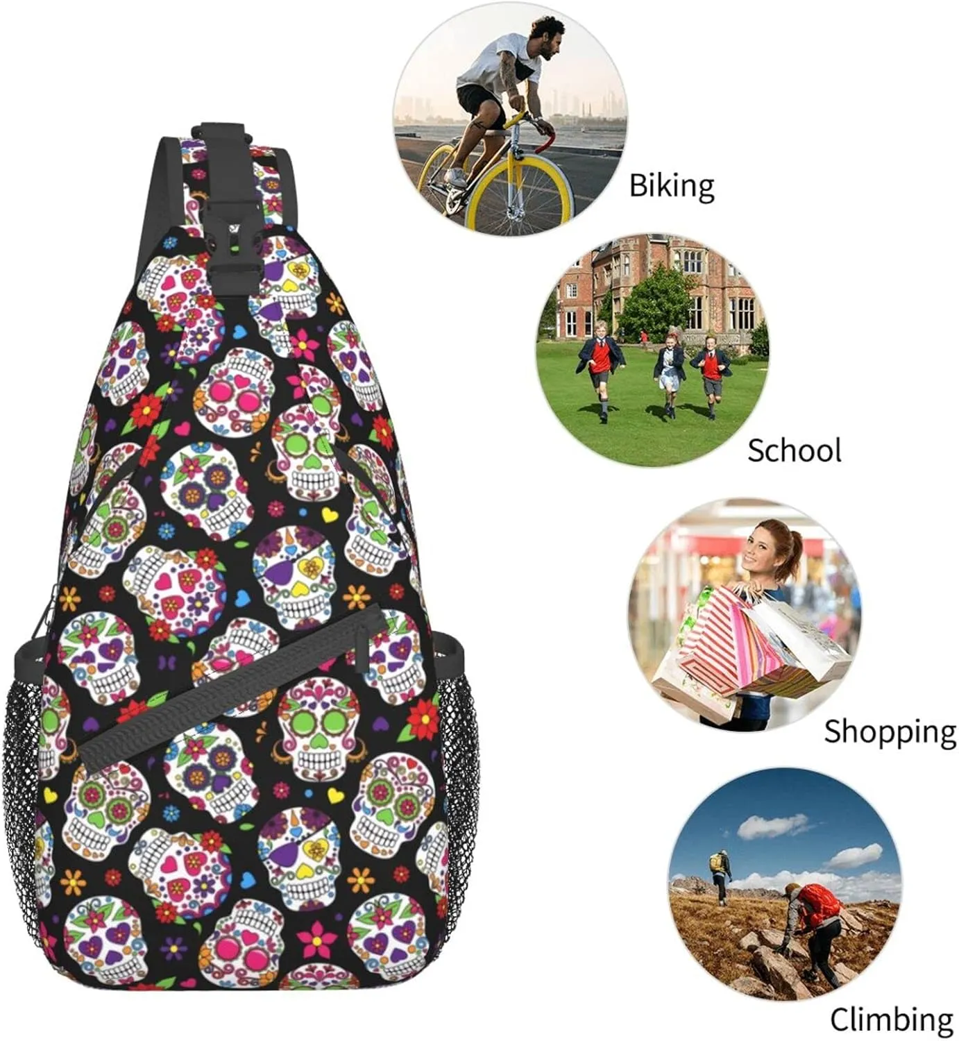 Sugar Skull Sling Bag Crossbody Backpack Hiking Travel Daypack Chest Bag Lightweight Shoulder Bag For Women Men