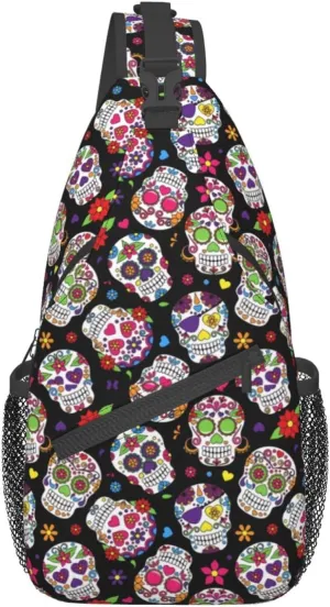 Sugar Skull Sling Bag Crossbody Backpack Hiking Travel Daypack Chest Bag Lightweight Shoulder Bag For Women Men