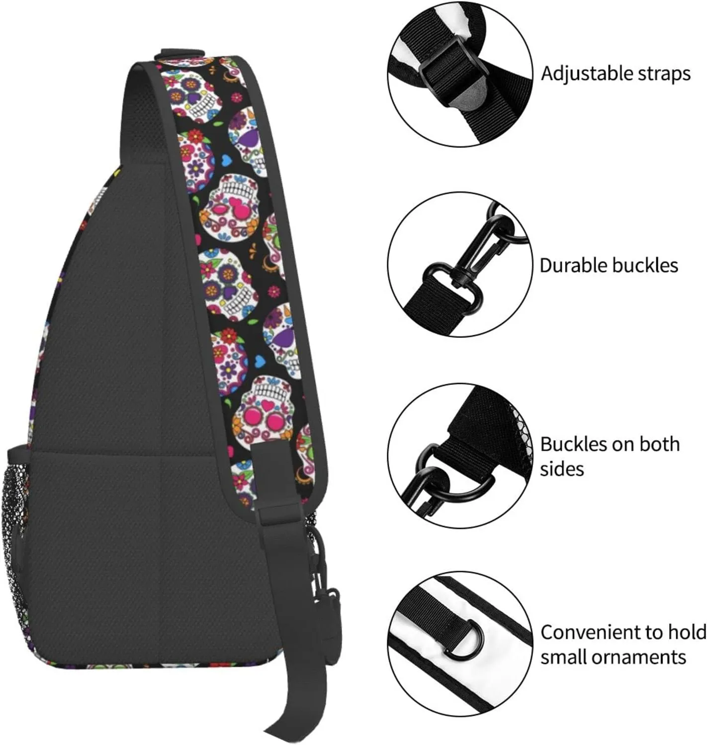 Sugar Skull Sling Bag Crossbody Backpack Hiking Travel Daypack Chest Bag Lightweight Shoulder Bag For Women Men