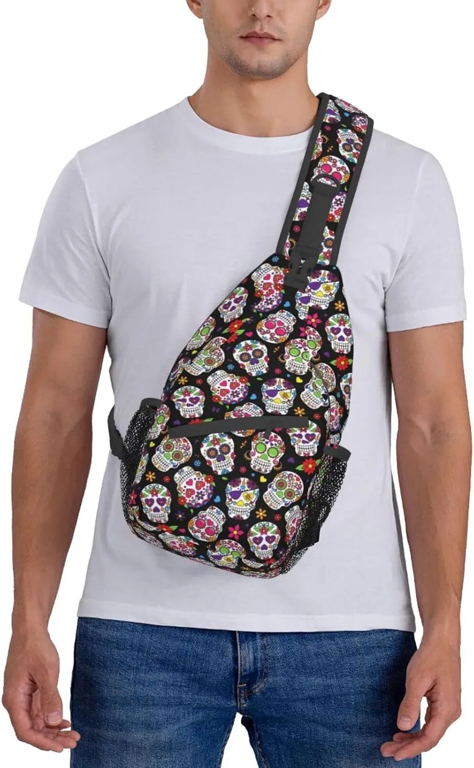 Sugar Skull Sling Bag Crossbody Backpack Hiking Travel Daypack Chest Bag Lightweight Shoulder Bag For Women Men