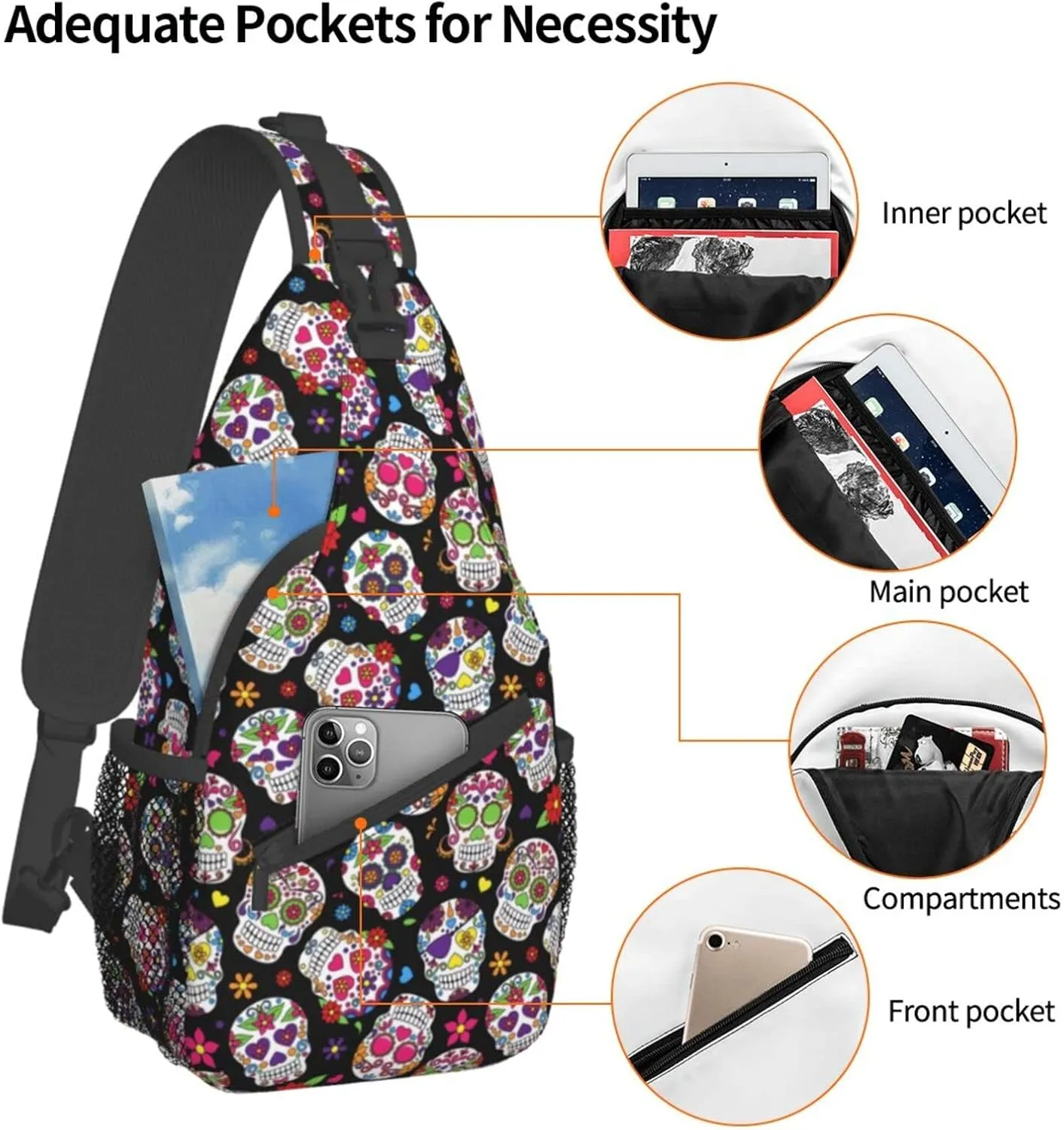 Sugar Skull Sling Bag Crossbody Backpack Hiking Travel Daypack Chest Bag Lightweight Shoulder Bag For Women Men