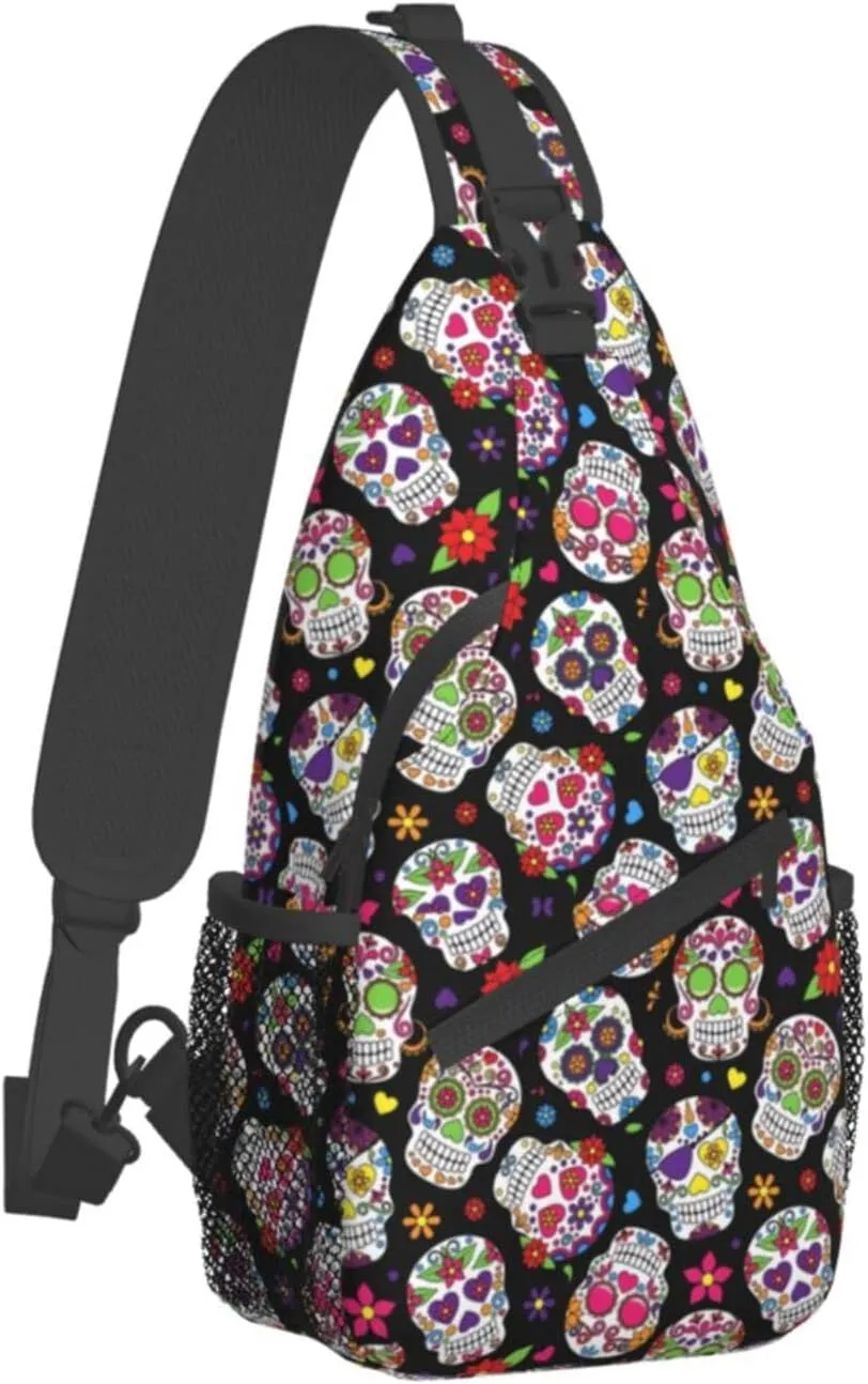 Sugar Skull Sling Bag Crossbody Backpack Hiking Travel Daypack Chest Bag Lightweight Shoulder Bag For Women Men