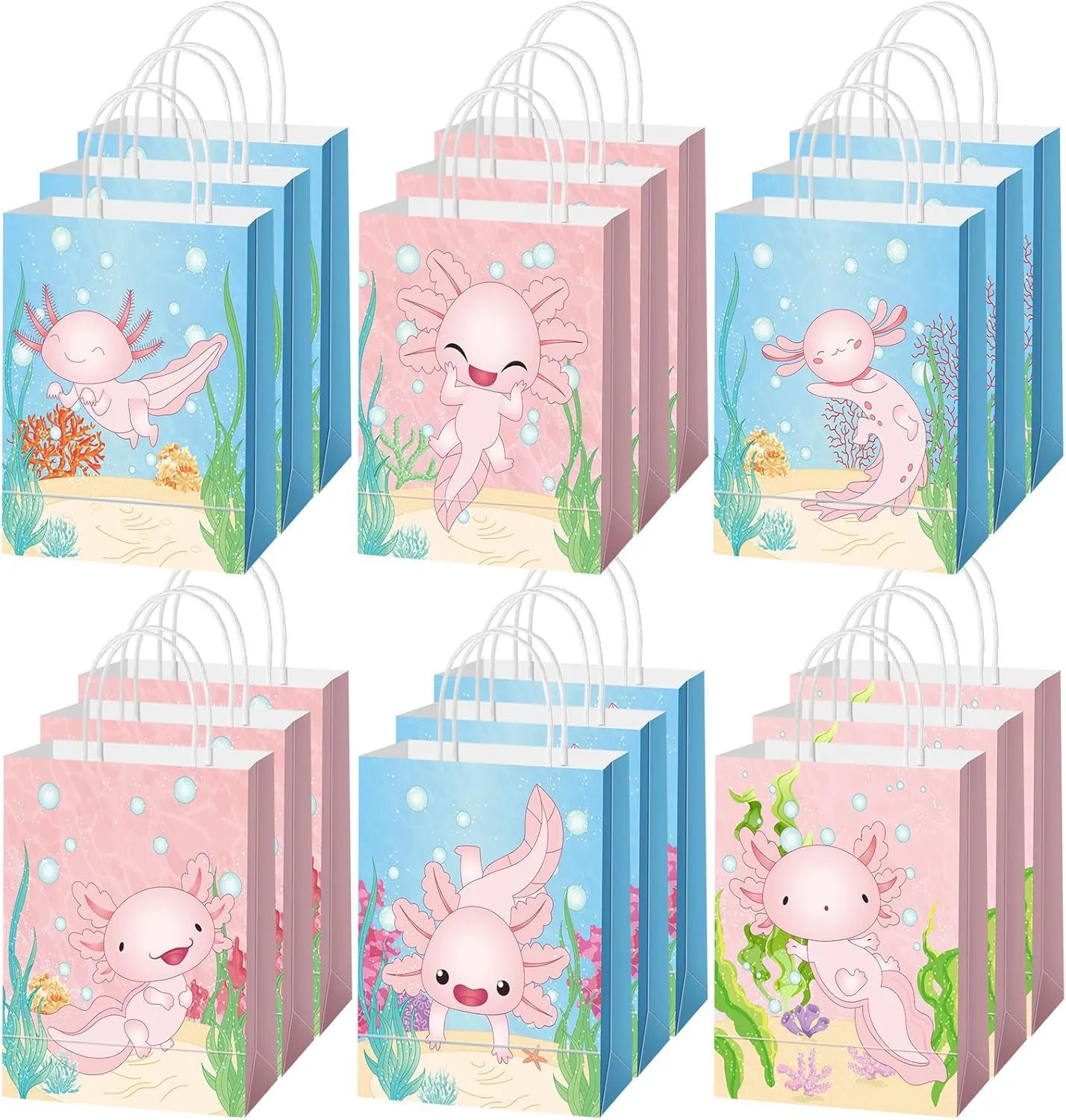 Sumind 24 Pcs Axolotl Party Favor Bags Axolotl Gift Bags Amphibian Themed Waterproof Goodie supply with Handles for Girl Birthday Baby Shower Party Decorations, 6 Styles