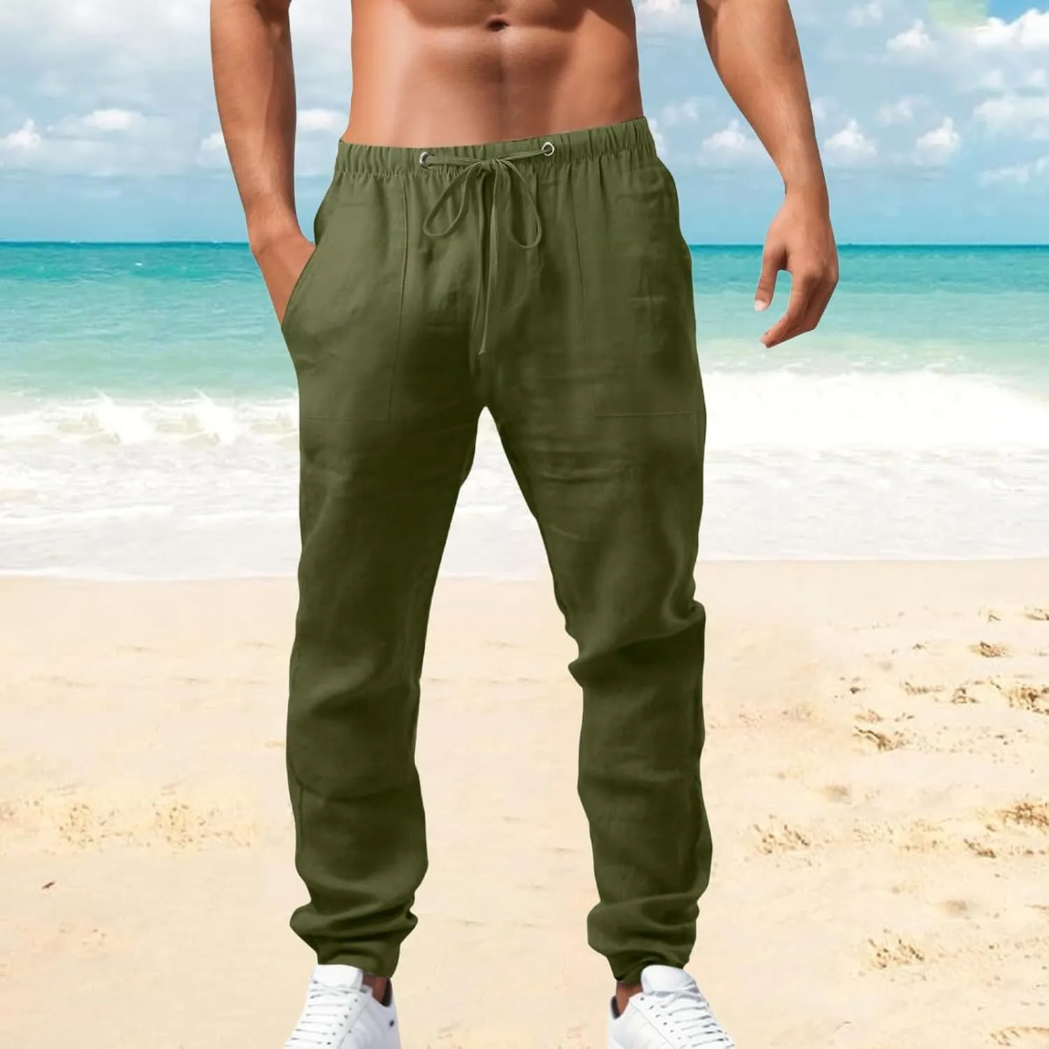 Summer Casual Linen Pants for Men Long Length Straight Leg Beach Plain Pant Trendy Outdoor Travel Trousers Pajamas