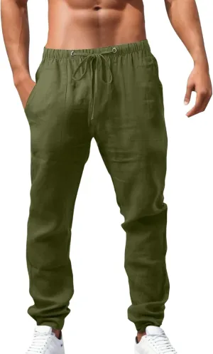 Summer Casual Linen Pants for Men Long Length Straight Leg Beach Plain Pant Trendy Outdoor Travel Trousers Pajamas