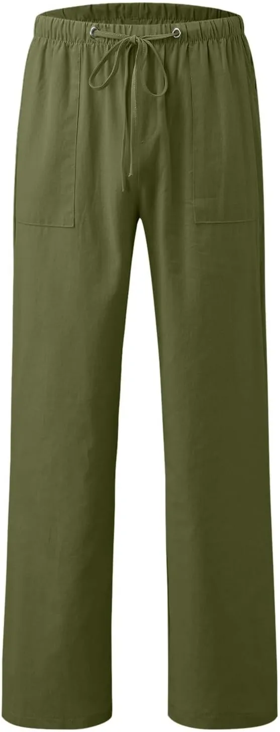 Summer Casual Linen Pants for Men Long Length Straight Leg Beach Plain Pant Trendy Outdoor Travel Trousers Pajamas