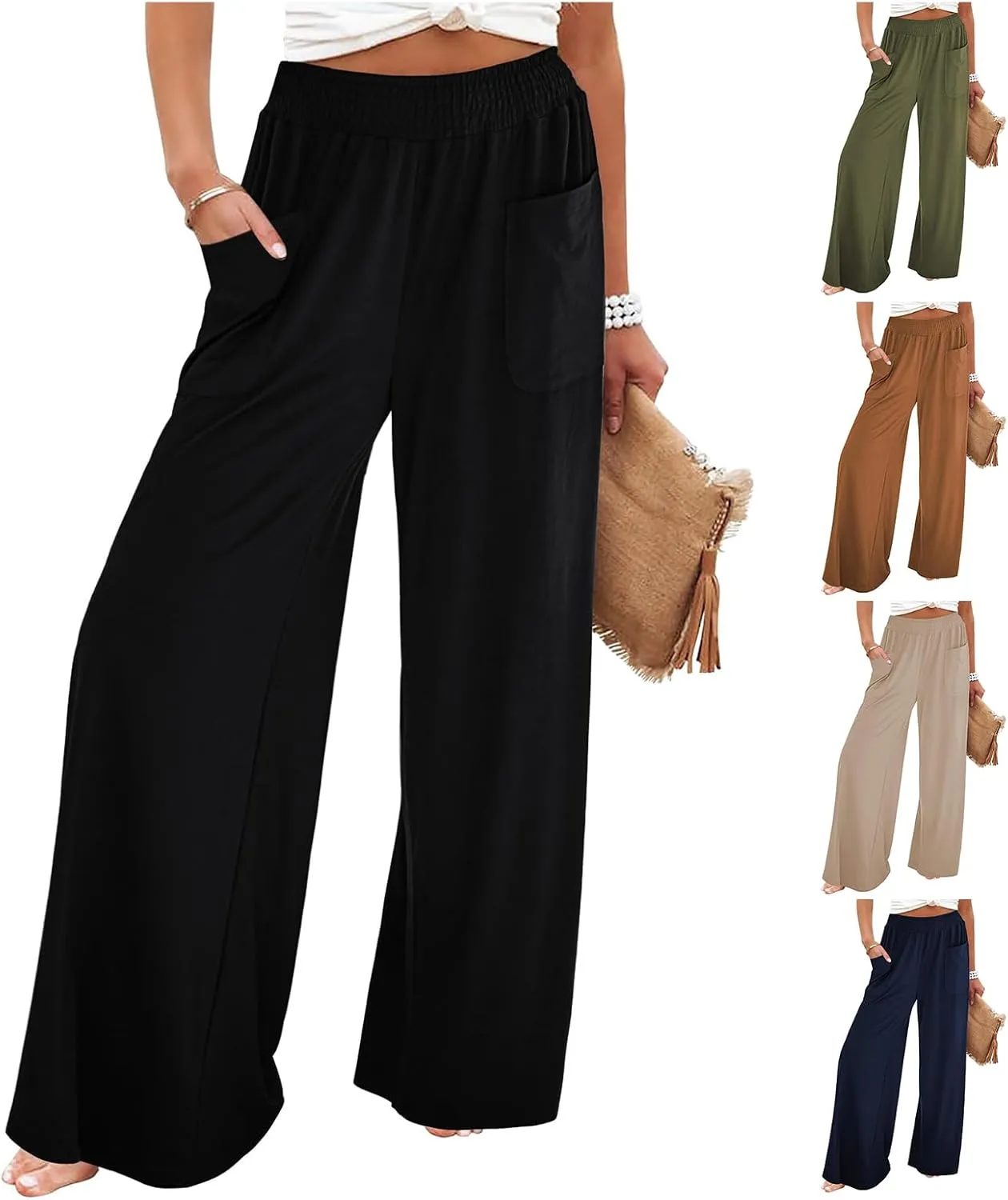 Summer Linen Pants Women Lightweight Comfy Wide Leg Pants Soft Casual Elastic Waisted Palazzo Trousers with Pockets