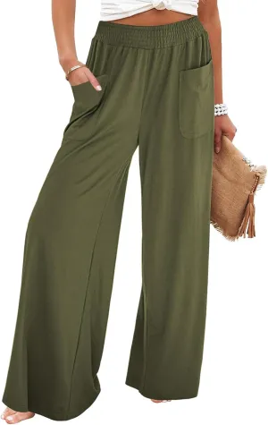 Summer Linen Pants Women Lightweight Comfy Wide Leg Pants Soft Casual Elastic Waisted Palazzo Trousers with Pockets