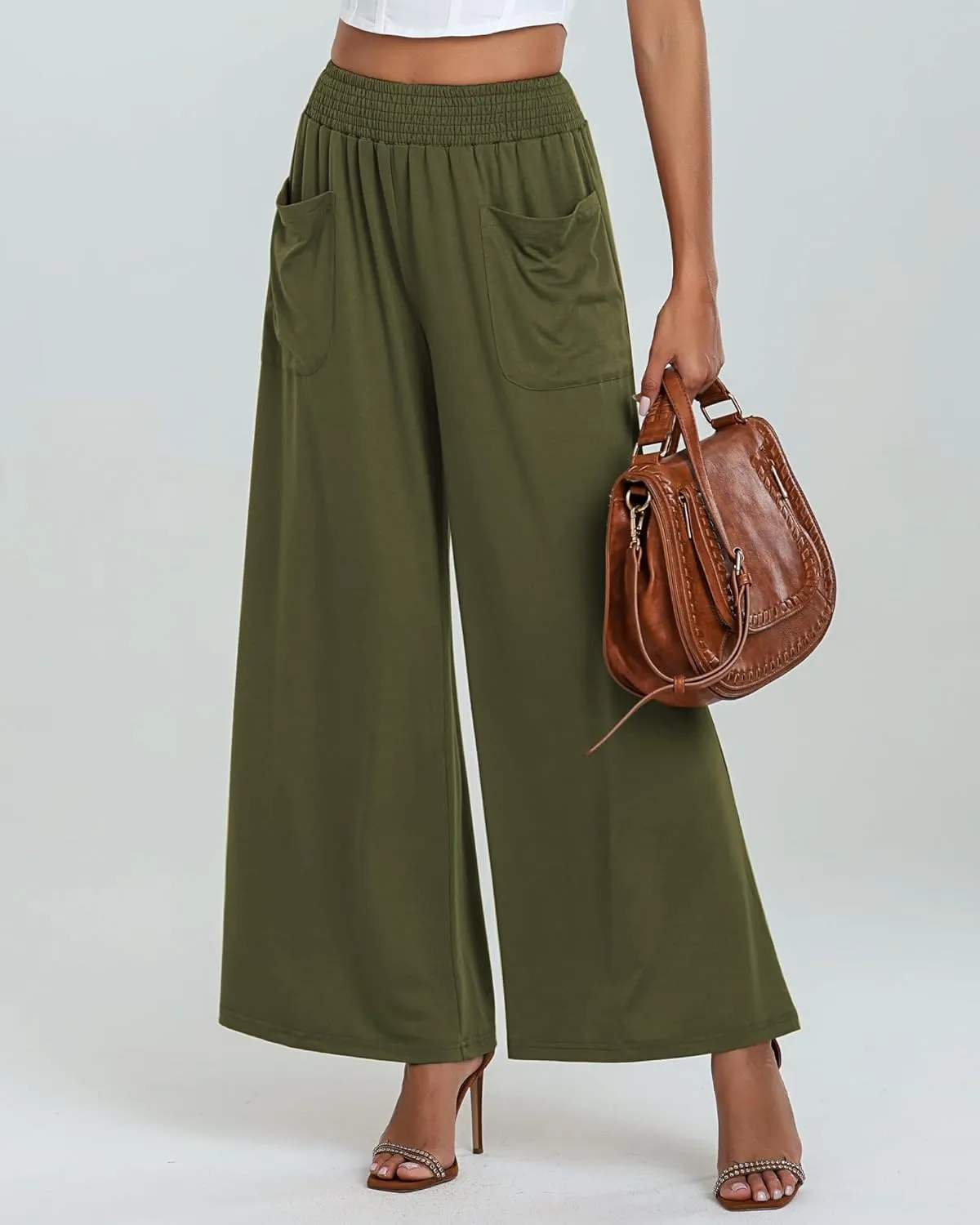Summer Linen Pants Women Lightweight Comfy Wide Leg Pants Soft Casual Elastic Waisted Palazzo Trousers with Pockets