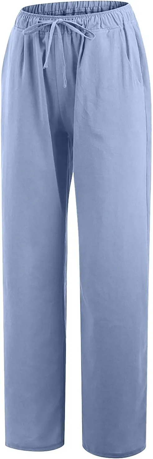 Summer Pants for Women Casual 2024 Summer Drawstring Elastic High Waist Linen Pant Straight Wide Leg Cropped Trousers