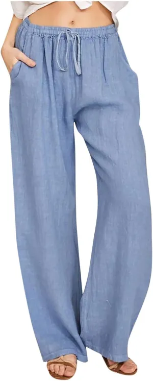 Summer Pants for Women Casual 2024 Summer Drawstring Elastic High Waist Linen Pant Straight Wide Leg Cropped Trousers