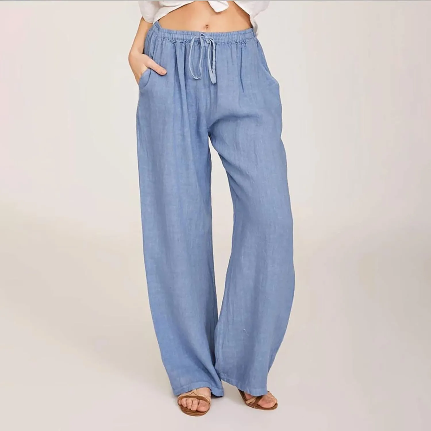 Summer Pants for Women Casual 2024 Summer Drawstring Elastic High Waist Linen Pant Straight Wide Leg Cropped Trousers