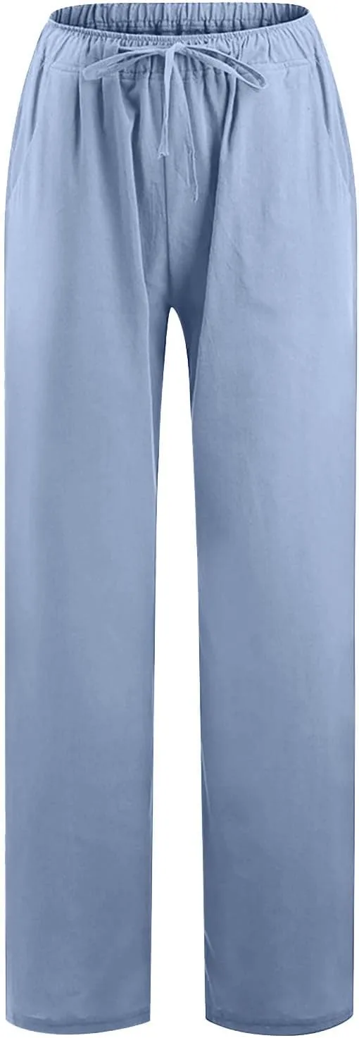 Summer Pants for Women Casual 2024 Summer Drawstring Elastic High Waist Linen Pant Straight Wide Leg Cropped Trousers