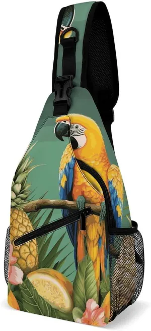 Summer Parrot Pineapple Bird Crossbody Sling Bag for Women Men Sling Backpack Travel Chest Bag Pack Man Purse Shoulder Bags Daypack for Travel Hiking Cycling