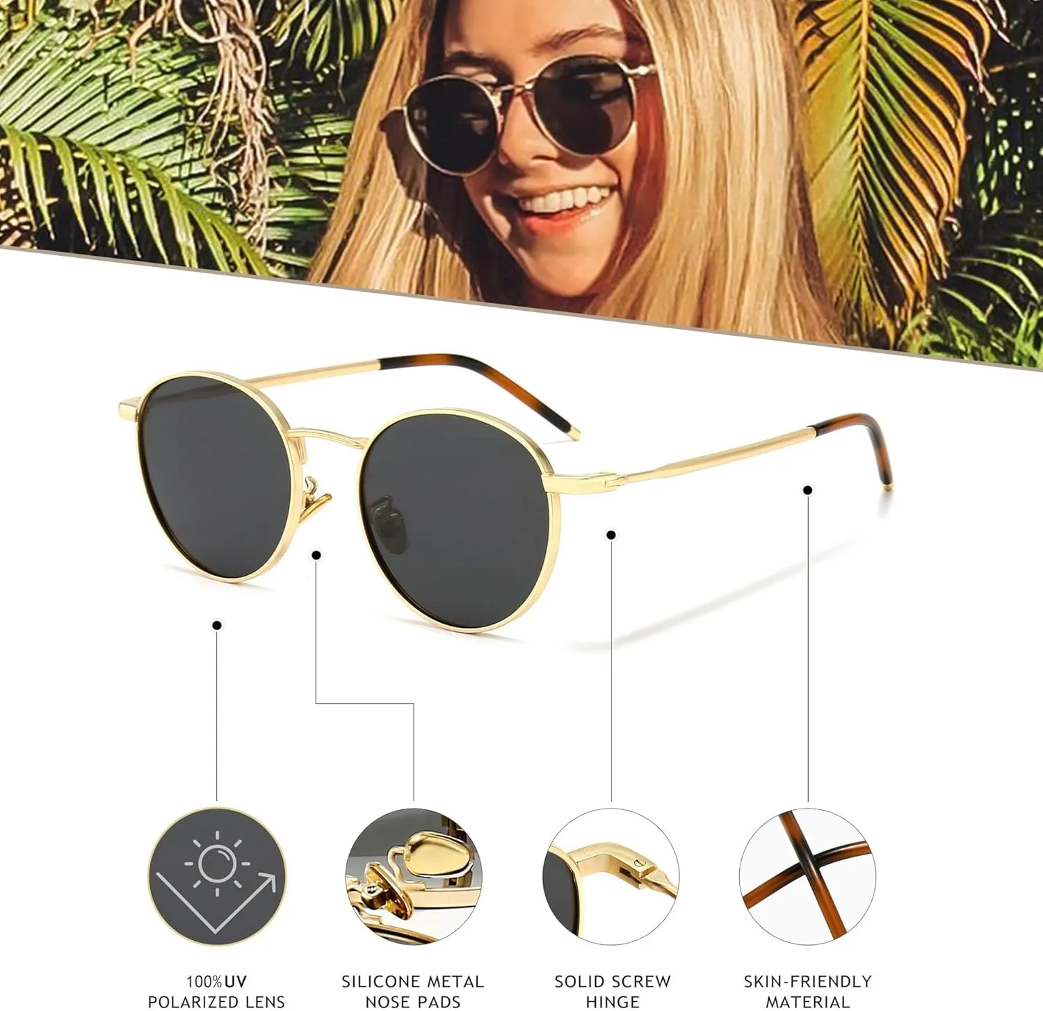 SUNGAIT Ponderable Metal Round Sunglasses for Men Women Classic Vintage Polarized Circle Sun Glasses