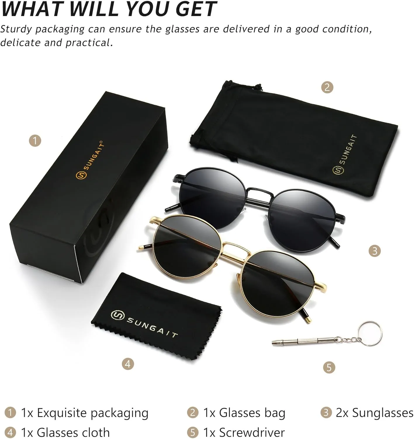 SUNGAIT Ponderable Metal Round Sunglasses for Men Women Classic Vintage Polarized Circle Sun Glasses
