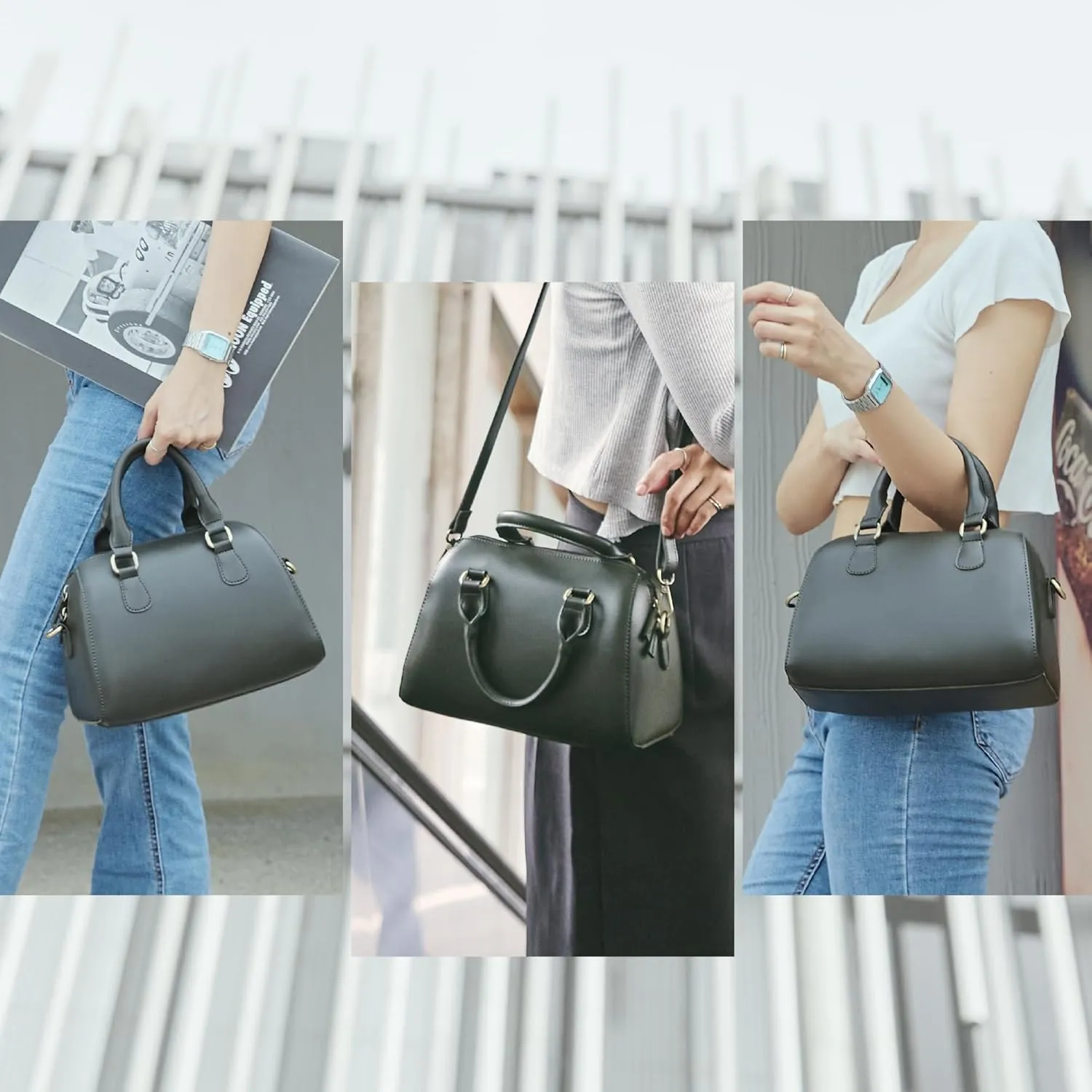 SUNLIGHT LEAVES Vegan Leather Boston Bag For Women Vintage Top Handle Satchel Retro Purse Classic Simple Shoulder Handbag
