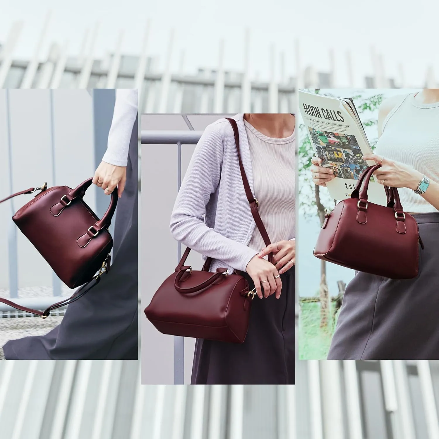 SUNLIGHT LEAVES Vegan Leather Boston Bag For Women Vintage Top Handle Satchel Retro Purse Classic Simple Shoulder Handbag