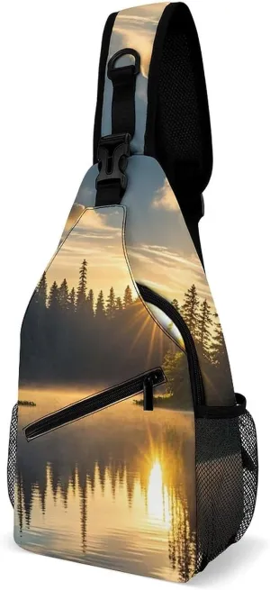 Sunrise on The Lake Crossbody Sling Bag for Women Men Sling Backpack Travel Chest Bag Pack Man Purse Shoulder Bags Daypack for Travel Hiking Cycling