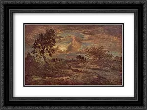 Sunset At Arbonne 24x18 Black Ornate Frame and Double Matted Museum Art Print by Theodore Rousseau