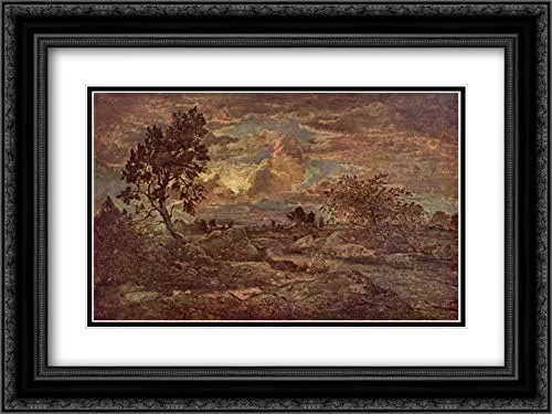 Sunset At Arbonne 24x18 Black Ornate Frame and Double Matted Museum Art Print by Theodore Rousseau