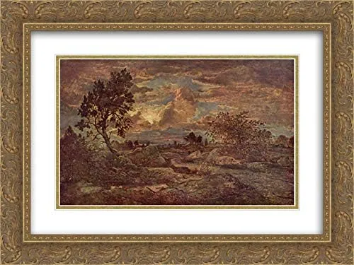Sunset At Arbonne 24x18 Gold Ornate Frame and Double Matted Museum Art Print by Theodore Rousseau