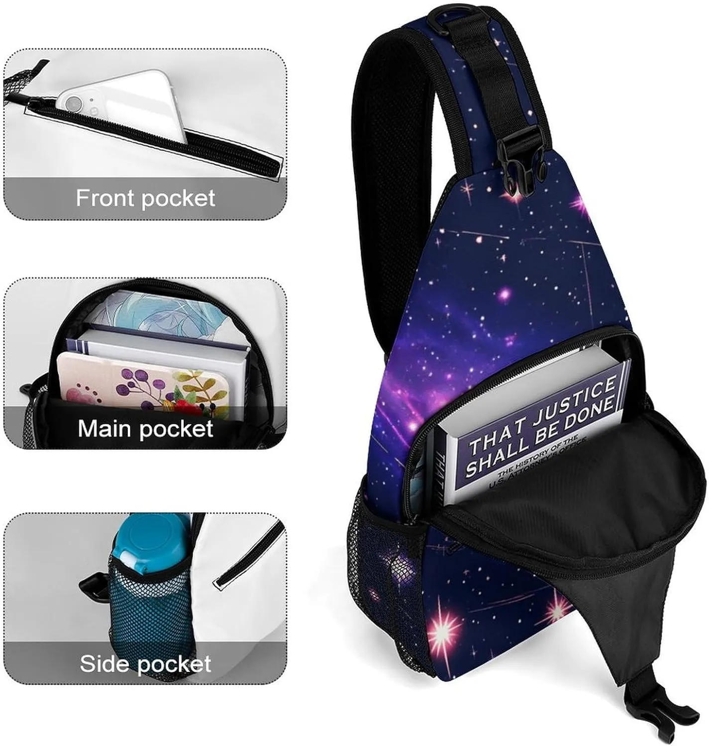 Supdreamc Men's Sling Bag Backpack Foldable Breathable Chest Sling Shoulder Backpacks Bags - Space Galaxy Constellation Zodiac Star Purple Blue Multipurpose Anti-Theft Backpacking Bookbag