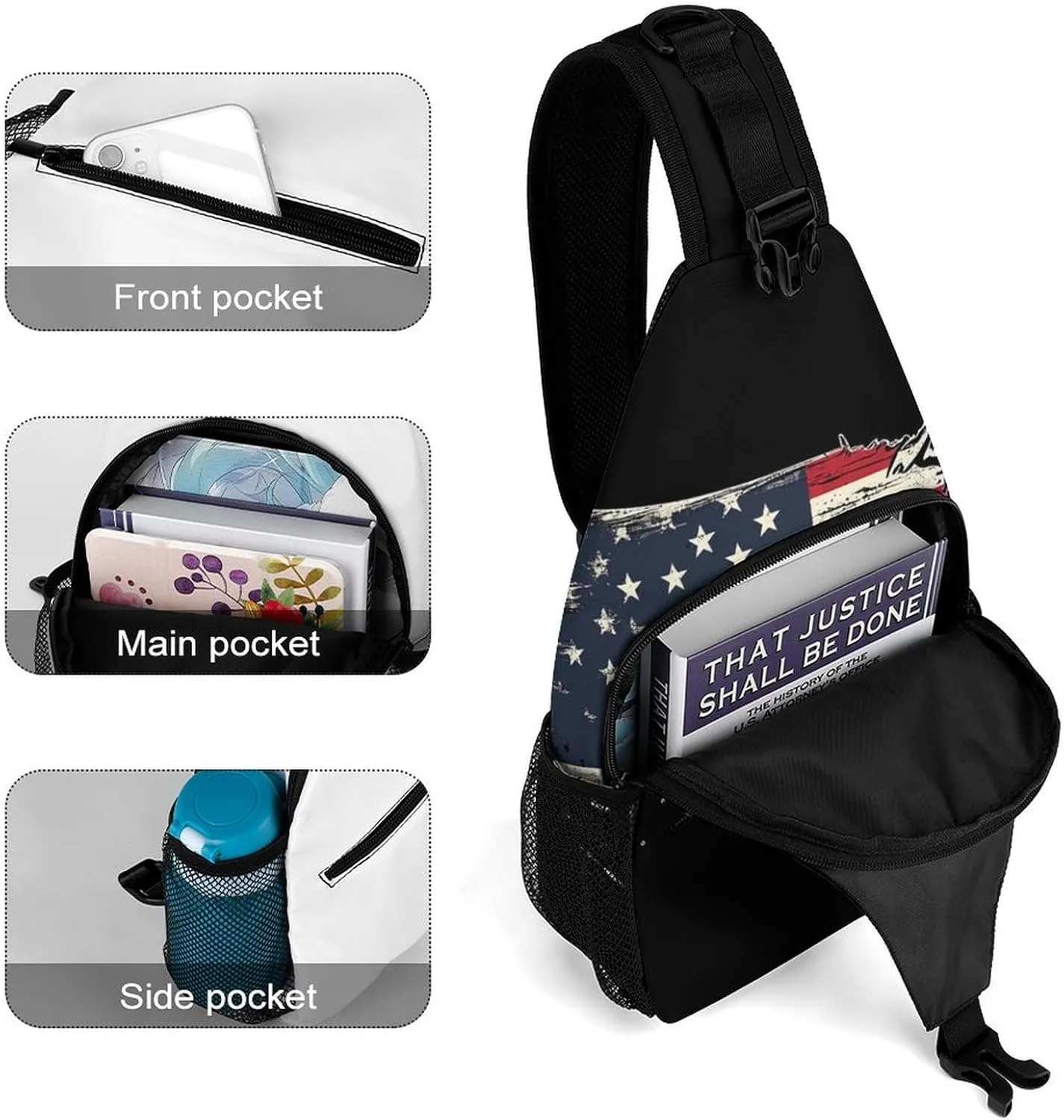 Supdreamc Ultra Lightweight Sling Shoulder Backpack Shoulder Chest Crossbody Bag Multipurpose Anti-Theft Daypack for Hiking Cycling Camping Travel, American Flag Patriotic Usa Map Bookbag