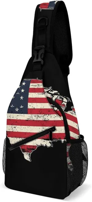 Supdreamc Ultra Lightweight Sling Shoulder Backpack Shoulder Chest Crossbody Bag Multipurpose Anti-Theft Daypack for Hiking Cycling Camping Travel, American Flag Patriotic Usa Map Bookbag