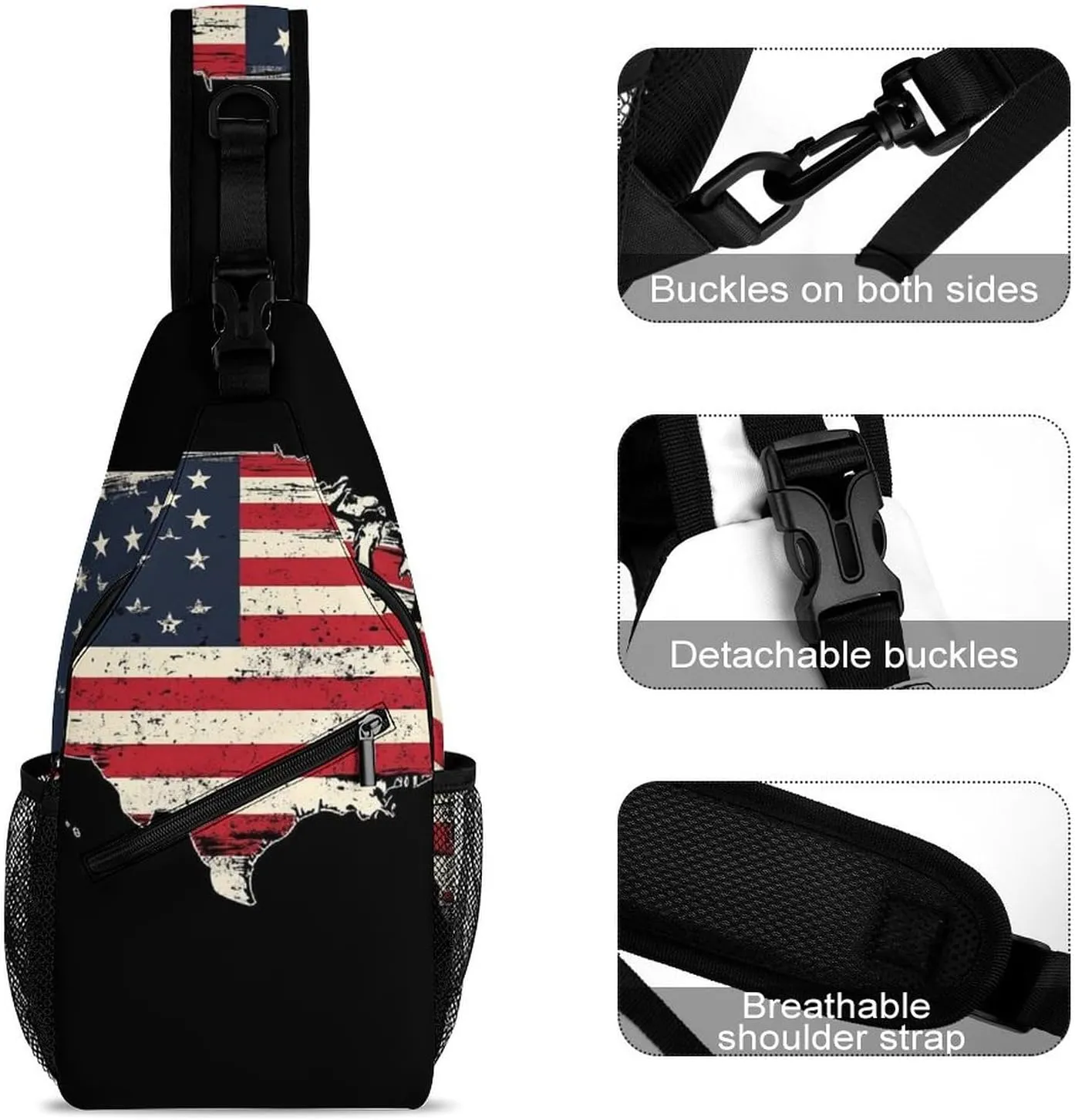 Supdreamc Ultra Lightweight Sling Shoulder Backpack Shoulder Chest Crossbody Bag Multipurpose Anti-Theft Daypack for Hiking Cycling Camping Travel, American Flag Patriotic Usa Map Bookbag