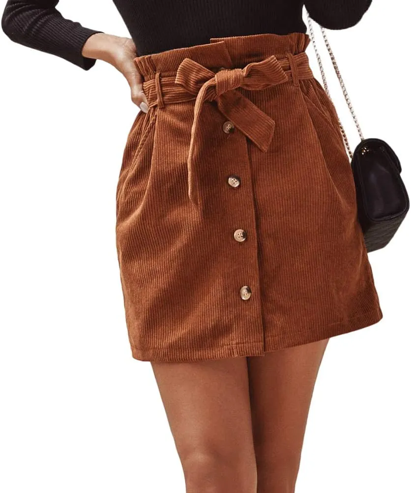 Susupeng Women Paperbag High Waist Elastic Belted Corduroy Button Front with Pockets Short Mini Skirt