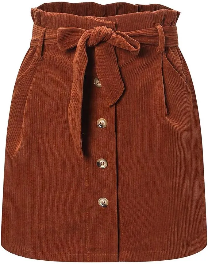 Susupeng Women Paperbag High Waist Elastic Belted Corduroy Button Front with Pockets Short Mini Skirt