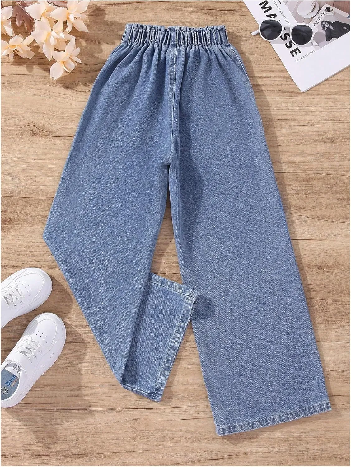 SweatyRocks Girl's Casual Elastic High Waist Wide Leg Jeans Button Front Pockets Denim Pants