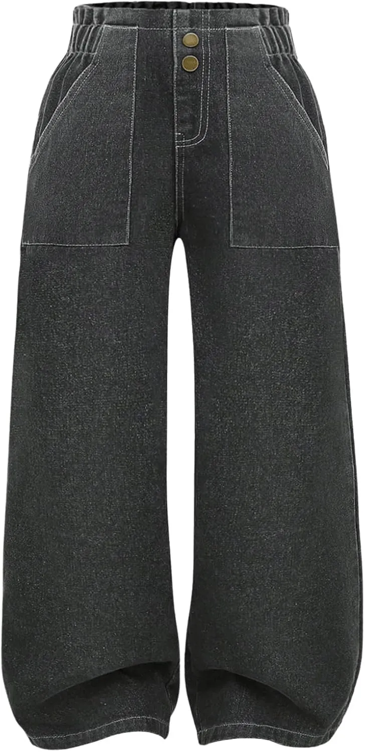 SweatyRocks Girl's Casual Elastic High Waist Wide Leg Jeans Button Front Pockets Denim Pants