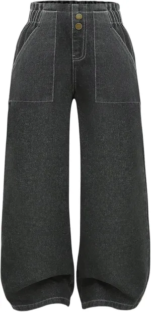SweatyRocks Girl's Casual Elastic High Waist Wide Leg Jeans Button Front Pockets Denim Pants