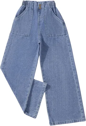 SweatyRocks Girl's Casual Elastic High Waist Wide Leg Jeans Button Front Pockets Denim Pants