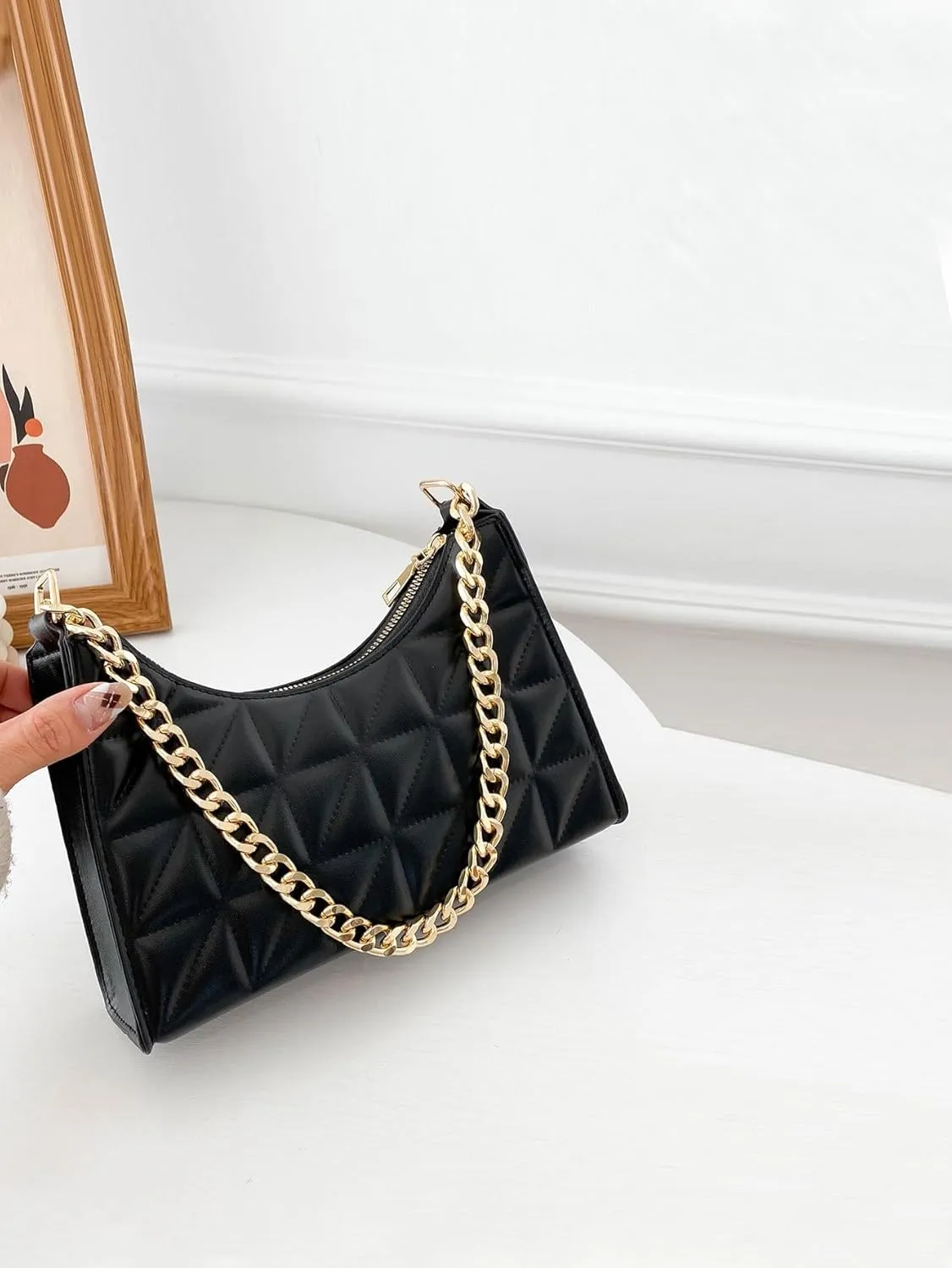 SweatyRocks Women's Geo Quilted Detail Handbag Small Shoulder Handbags Solid Clutch Purse Square Bags