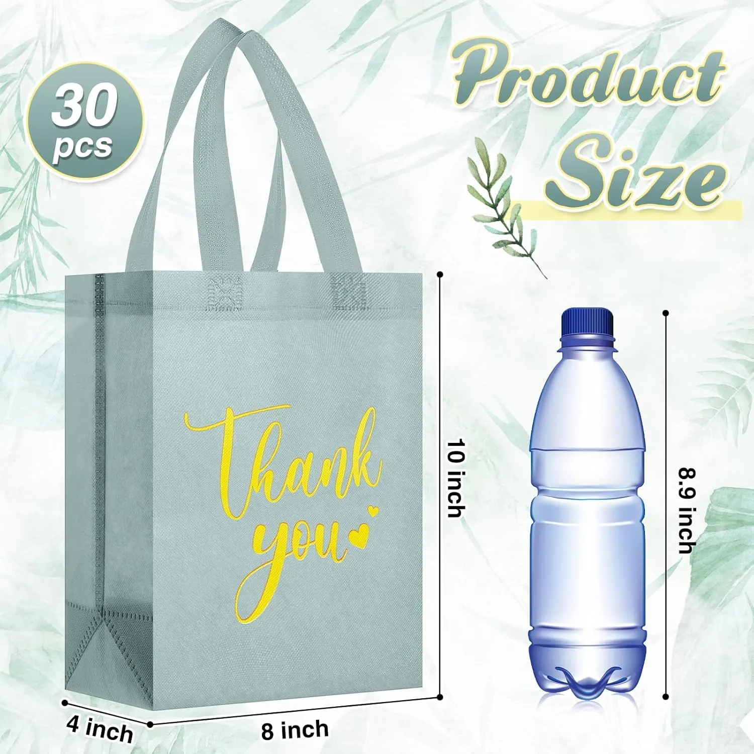 Sweetude 30 Pcs Thank You Gift Bags with Handles Bulk Reusable Goodie Bag Non Woven Foldable Handbag for Graduation Wedding Bridesmaid Gifts(10 x 8 x 4 Inch,Sage Green)
