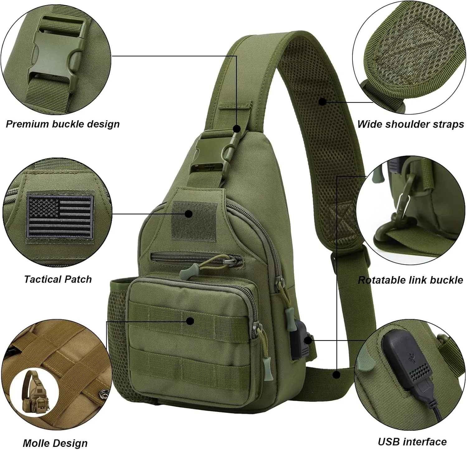 Tactical Sling Crossbody Backpack with Water Bottle Holder, MOLLE EDC Shoulder Sling Chest Bags with USB Charging Port for Travel Walk(Army Green)