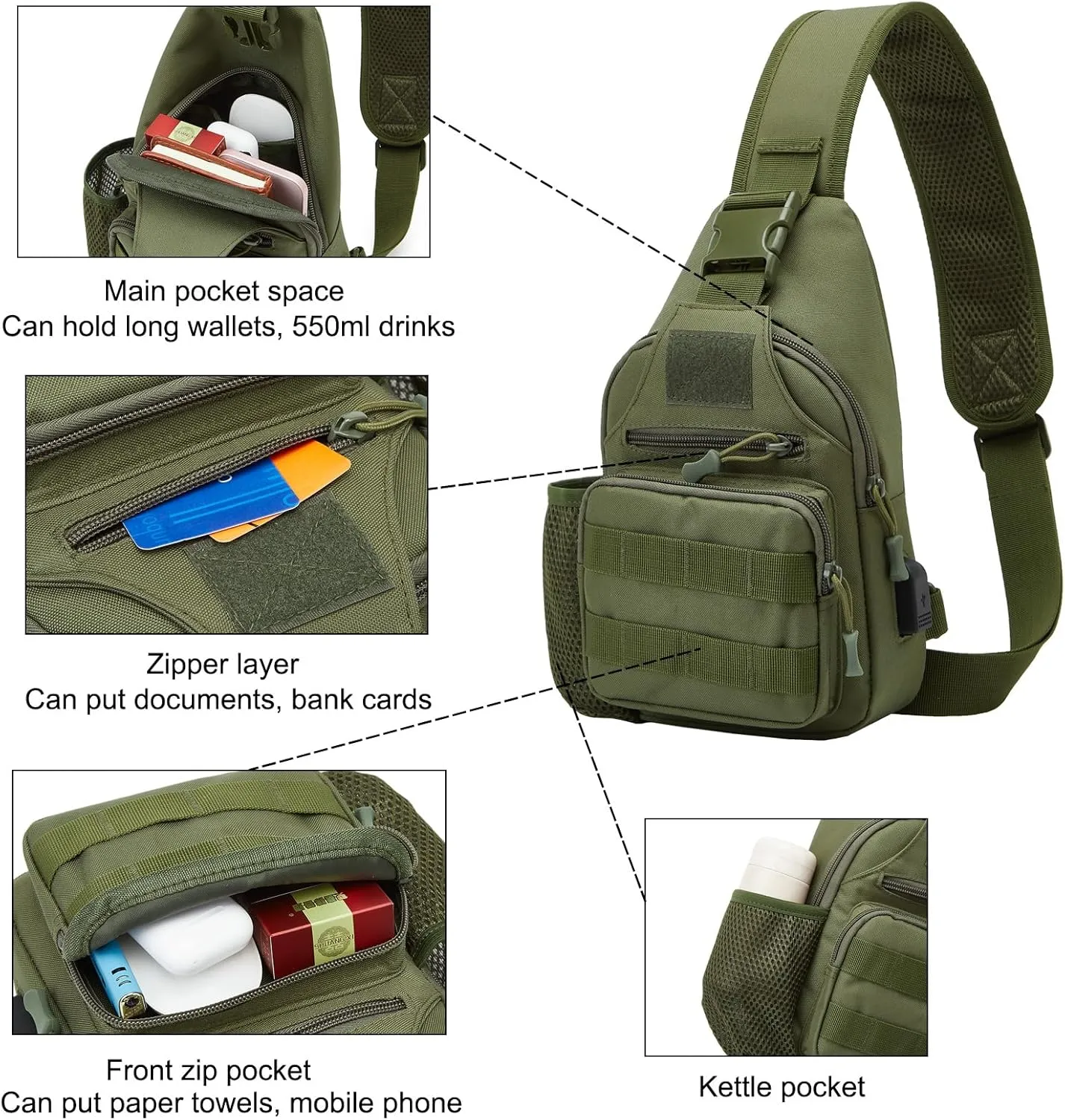 Tactical Sling Crossbody Backpack with Water Bottle Holder, MOLLE EDC Shoulder Sling Chest Bags with USB Charging Port for Travel Walk(Army Green)